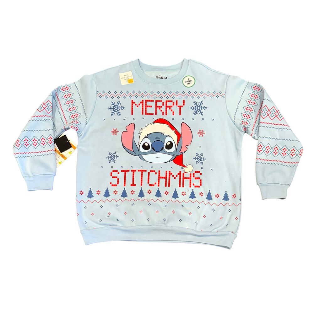 New Disney’s Stitch Christmas Light-Up Adult Sweatshirt Plus Size 2X Baby Blue